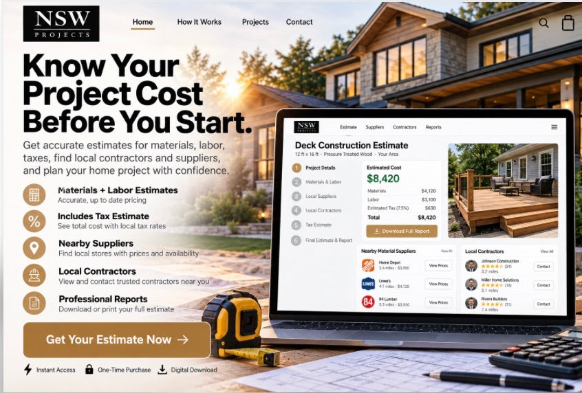 NSW Construction Cost Estimator — Digital Download. Know Your Project Cost Before You Start.
Get an estimate for materials and labor, plan your budget, and find nearby contractors and suppliers.